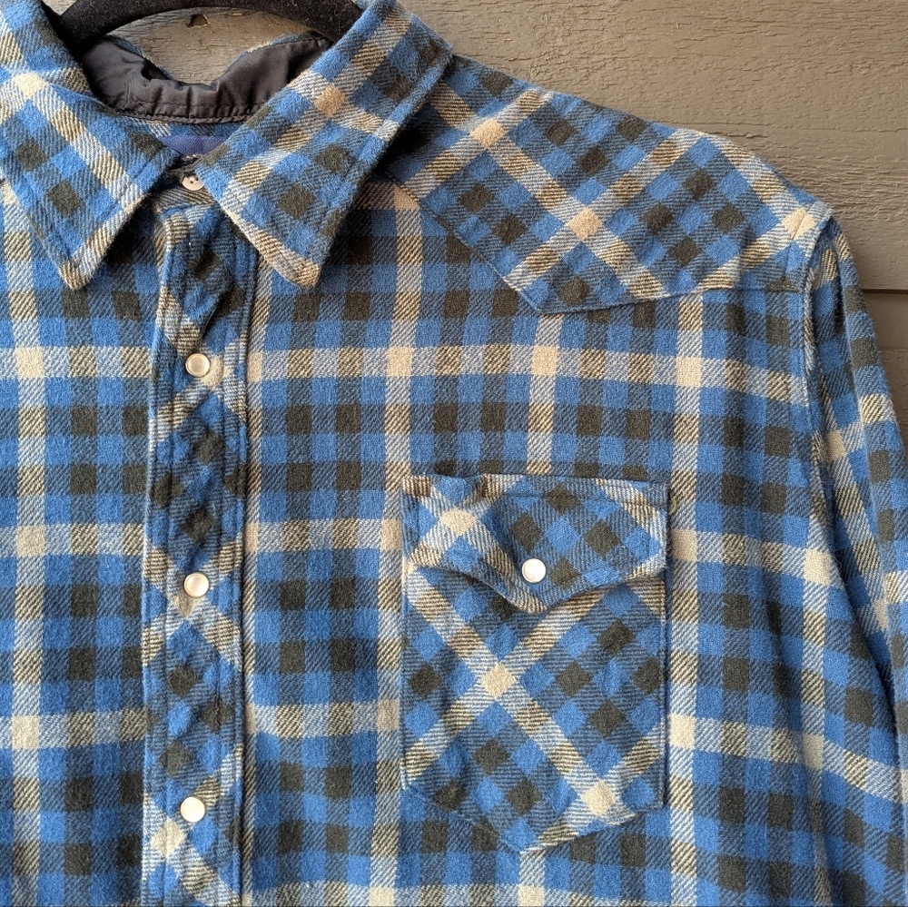 Wrangler Blue Black Tan Plaid Pearl Snap Western LS Shirt Size 4X 100% Cotton - Picture 2 of 7